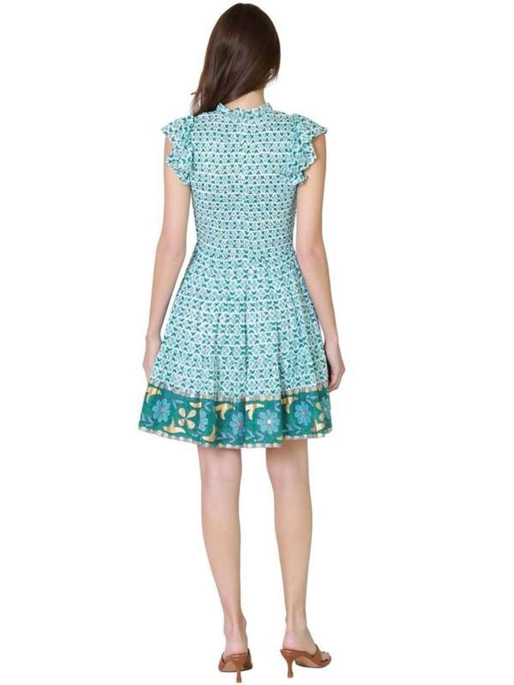 Oliphant Smocked Floral Ruffle-Sleeve Mini Dress Teal Small - Picture 3 of 11